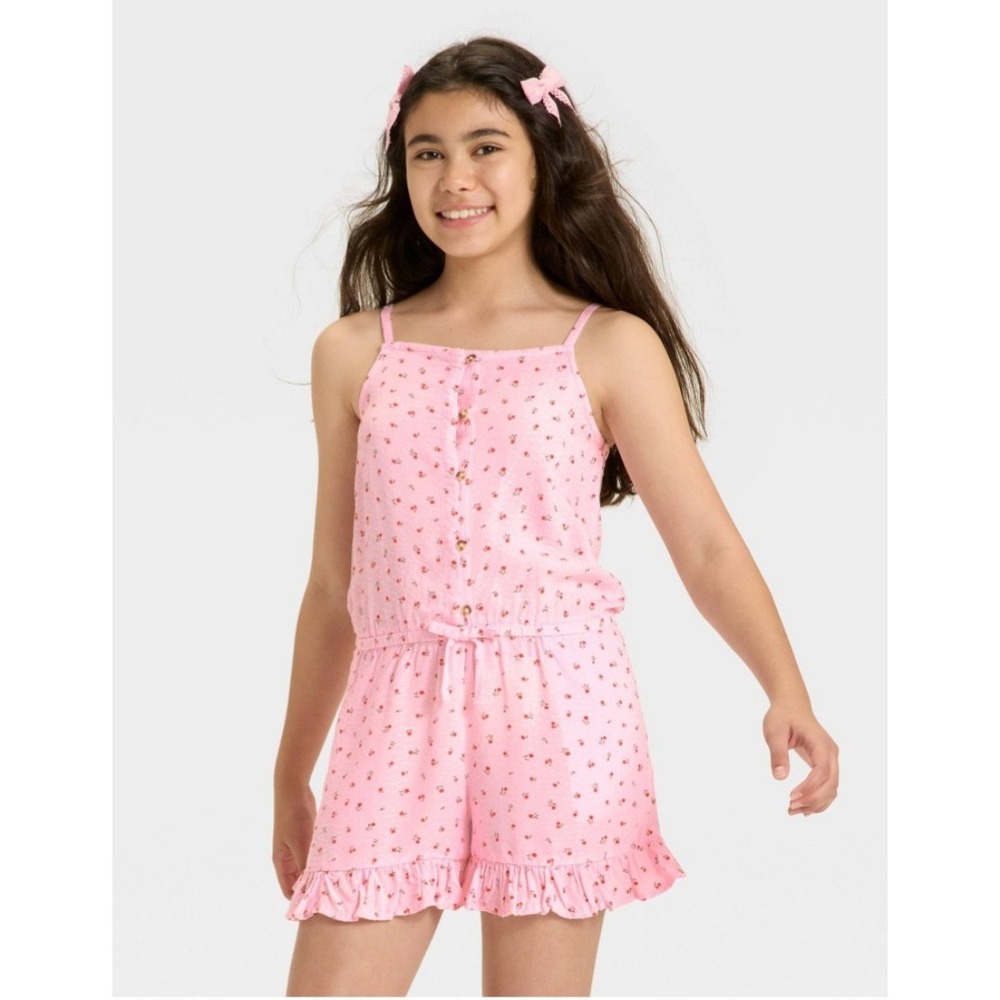 Cat And Jack Romper Girls XL 14 floral pink Ruffle Stretch Sleeveless